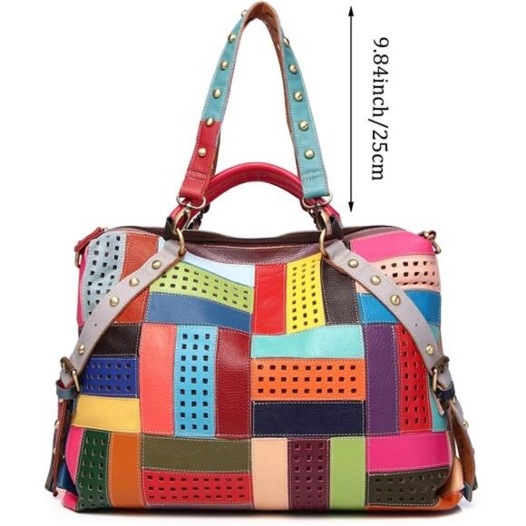 Women's Multicolor Tote Handbag Genuine Leather Random Color Hobo Shoulder Purse - Picture 3 of 8